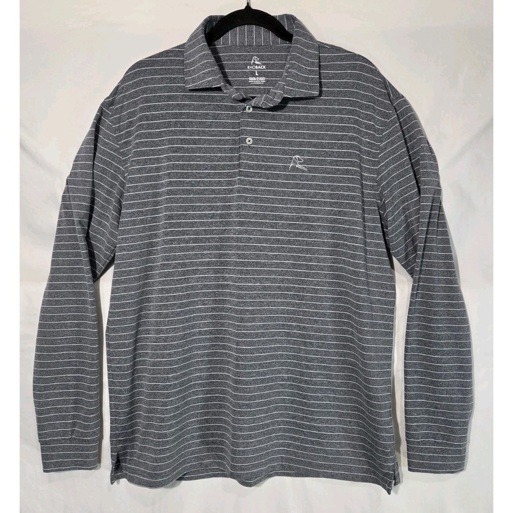 Rhoback Mens Large Charcoal Striped Polo Long Sleeve Stretch Golf Performance